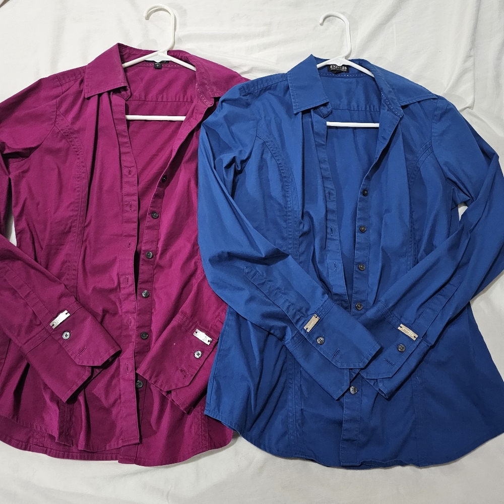 Set of 2 Express Womens fitted button down long sleeve collared shirts